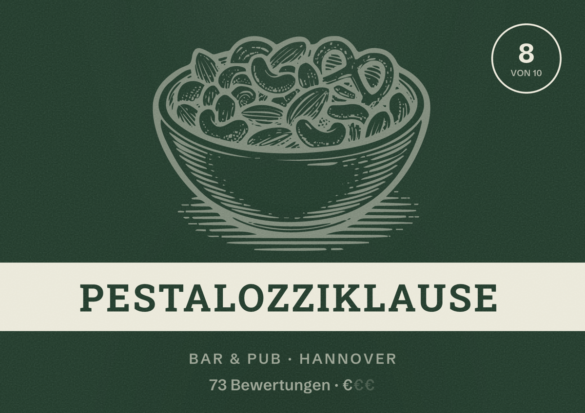 Illustriertes Poster von Pestalozziklause, Bar & Pub in Hannover: Bewertung 8 von 10 aus 73 Bewertungen, Preisniveau €