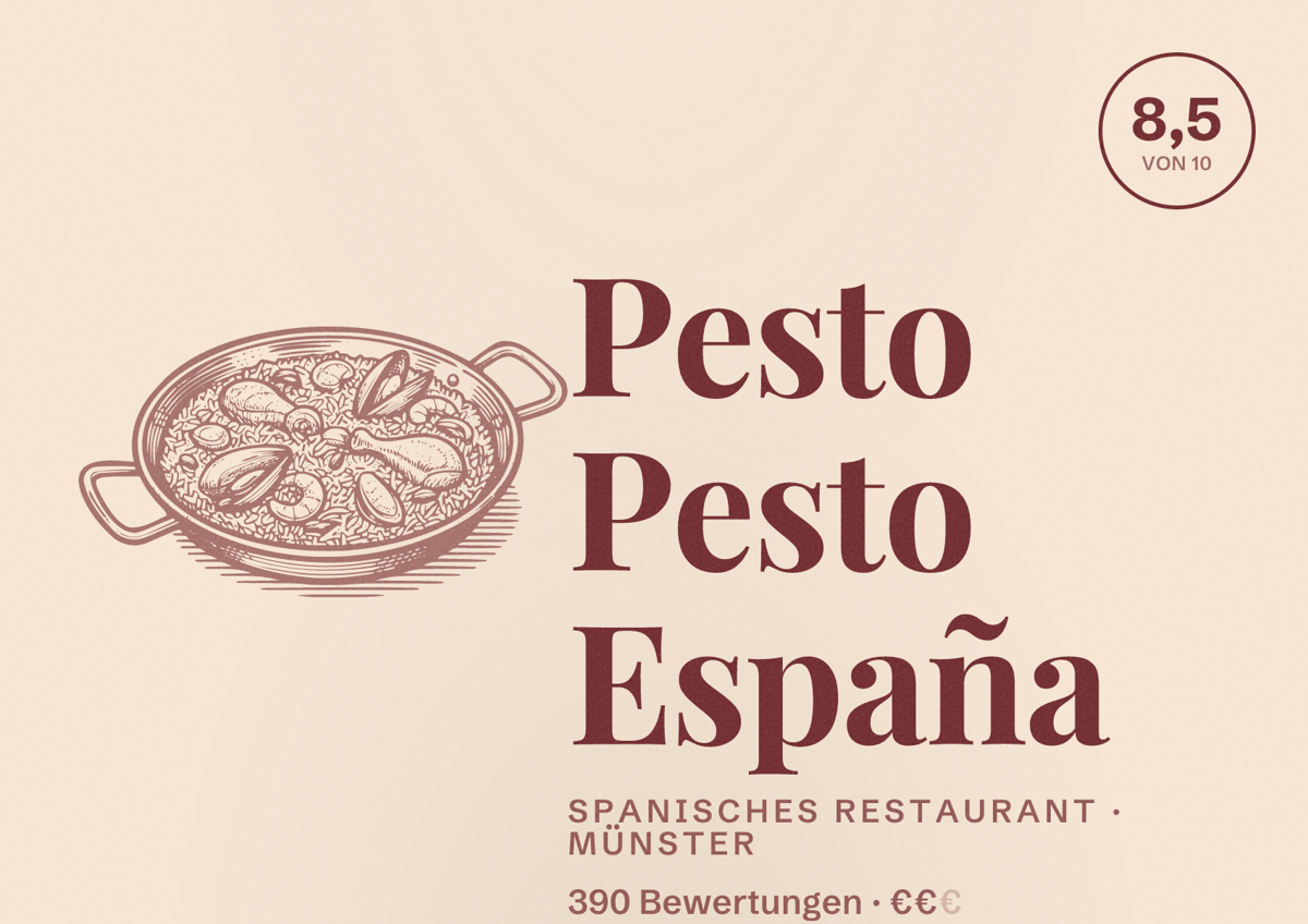 Illustriertes Poster von Pesto Pesto España, Spanisches Restaurant in Münster: Bewertung 8,5 von 10 aus 390 Bewertungen, Preisniveau €€