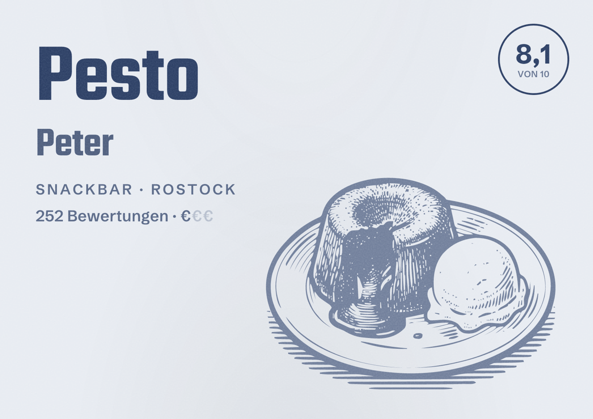 Illustriertes Poster von Pesto Peter, Snackbar in Rostock: Bewertung 8,1 von 10 aus 252 Bewertungen, Preisniveau €