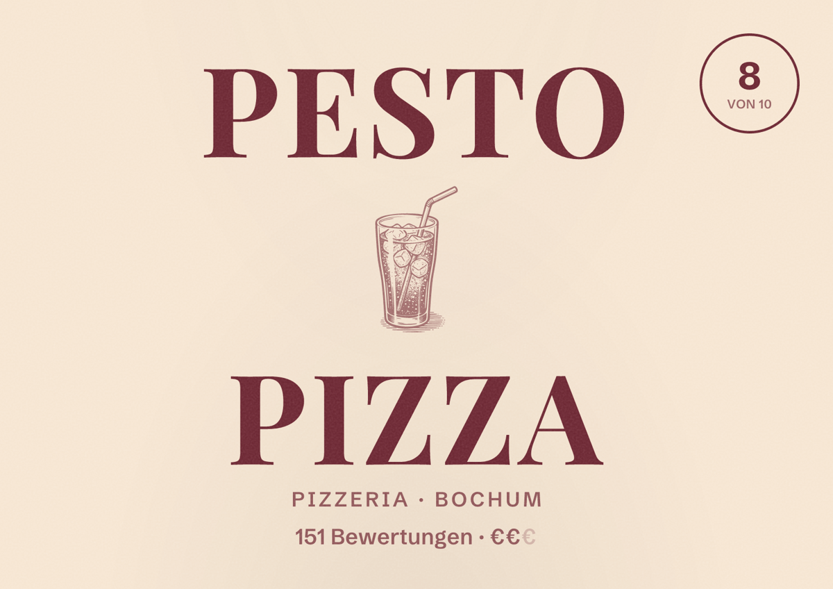 Illustriertes Poster von PESTO PIZZA, Pizzeria in Bochum: Bewertung 8 von 10 aus 151 Bewertungen, Preisniveau €€