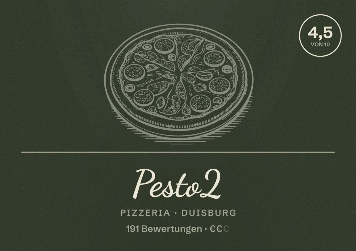 Illustriertes Poster von Pesto2, Pizzeria in Duisburg: Bewertung 4,5 von 10 aus 191 Bewertungen, Preisniveau €€