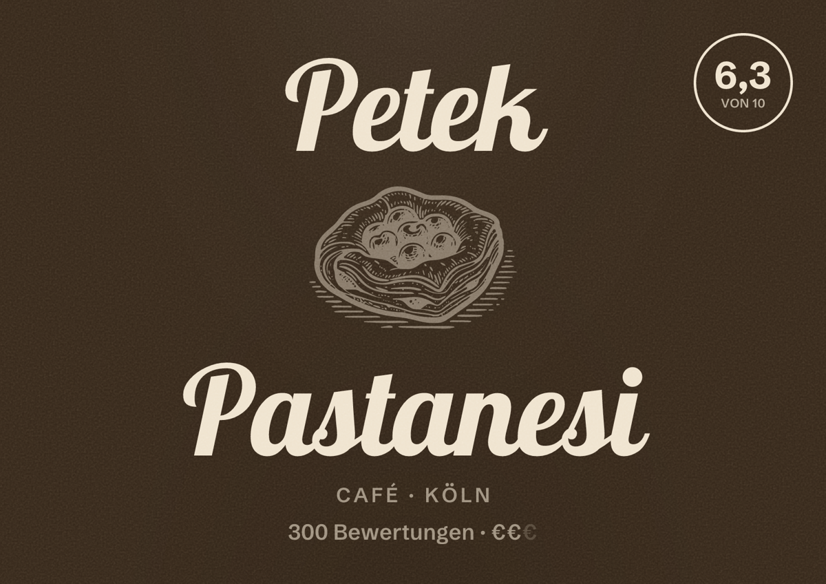 Illustriertes Poster von Petek Pastanesi, Café in Köln: Bewertung 6,3 von 10 aus 300 Bewertungen, Preisniveau €€