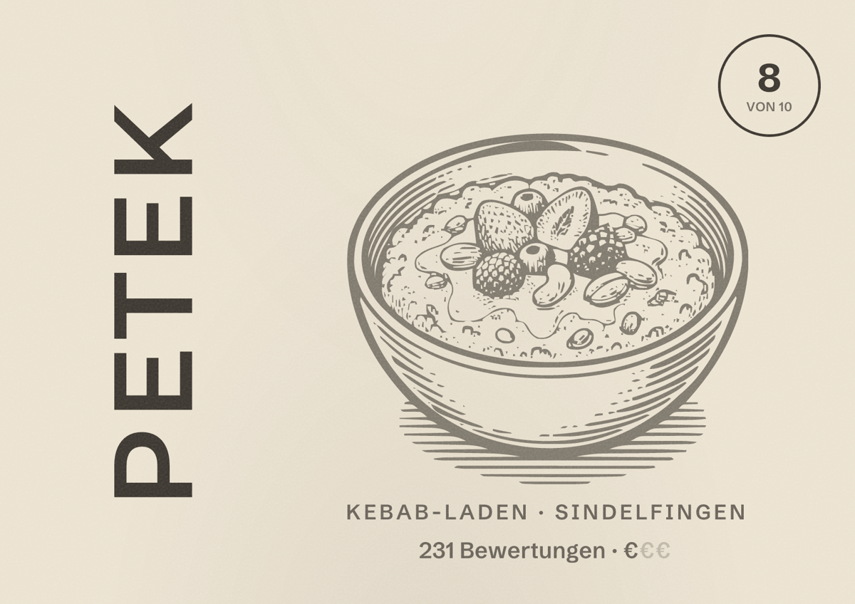 Illustriertes Poster von Petek, Kebab-Laden in Sindelfingen: Bewertung 8 von 10 aus 231 Bewertungen, Preisniveau €