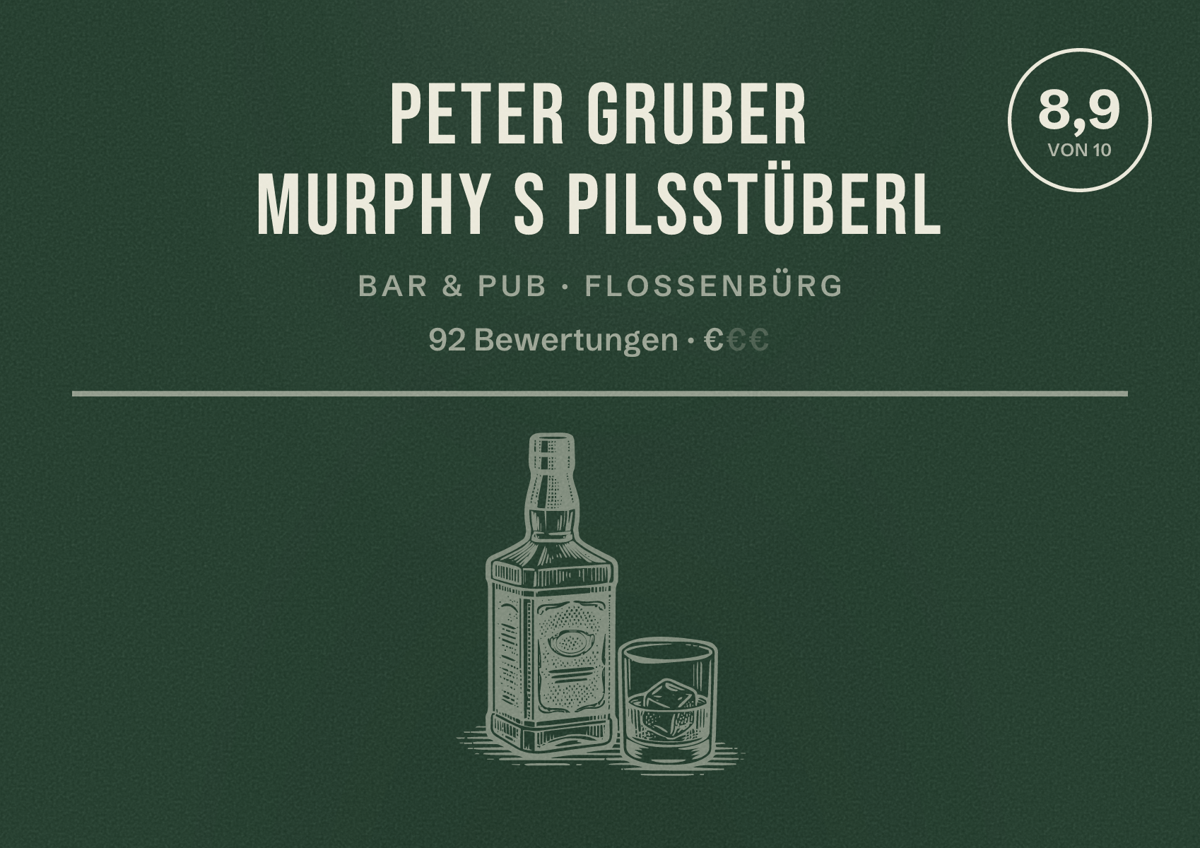 Illustriertes Poster von Peter Gruber Murphy s Pilsstüberl, Bar & Pub in Flossenbürg: Bewertung 8,9 von 10 aus 92 Bewertungen, Preisniveau €