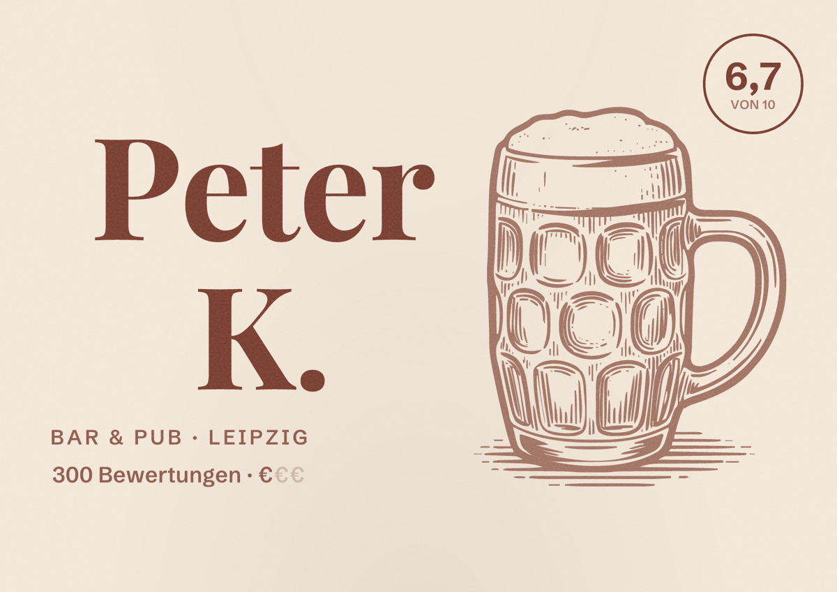 Illustriertes Poster von Peter K., Bar & Pub in Leipzig: Bewertung 6,7 von 10 aus 300 Bewertungen, Preisniveau €