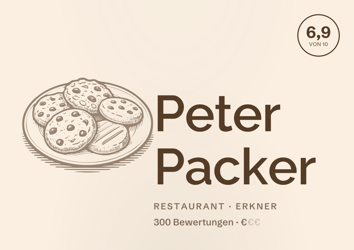 Illustriertes Poster von Peter Packer, Restaurant in Erkner: Bewertung 6,9 von 10 aus 300 Bewertungen, Preisniveau €