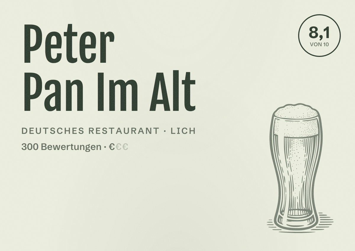 Illustriertes Poster von Peter Pan Im Alt, Deutsches Restaurant in Lich: Bewertung 8,1 von 10 aus 300 Bewertungen, Preisniveau €