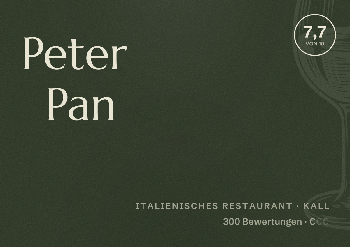 Illustriertes Poster von Peter Pan, Italienisches Restaurant in Kall: Bewertung 7,7 von 10 aus 300 Bewertungen, Preisniveau €