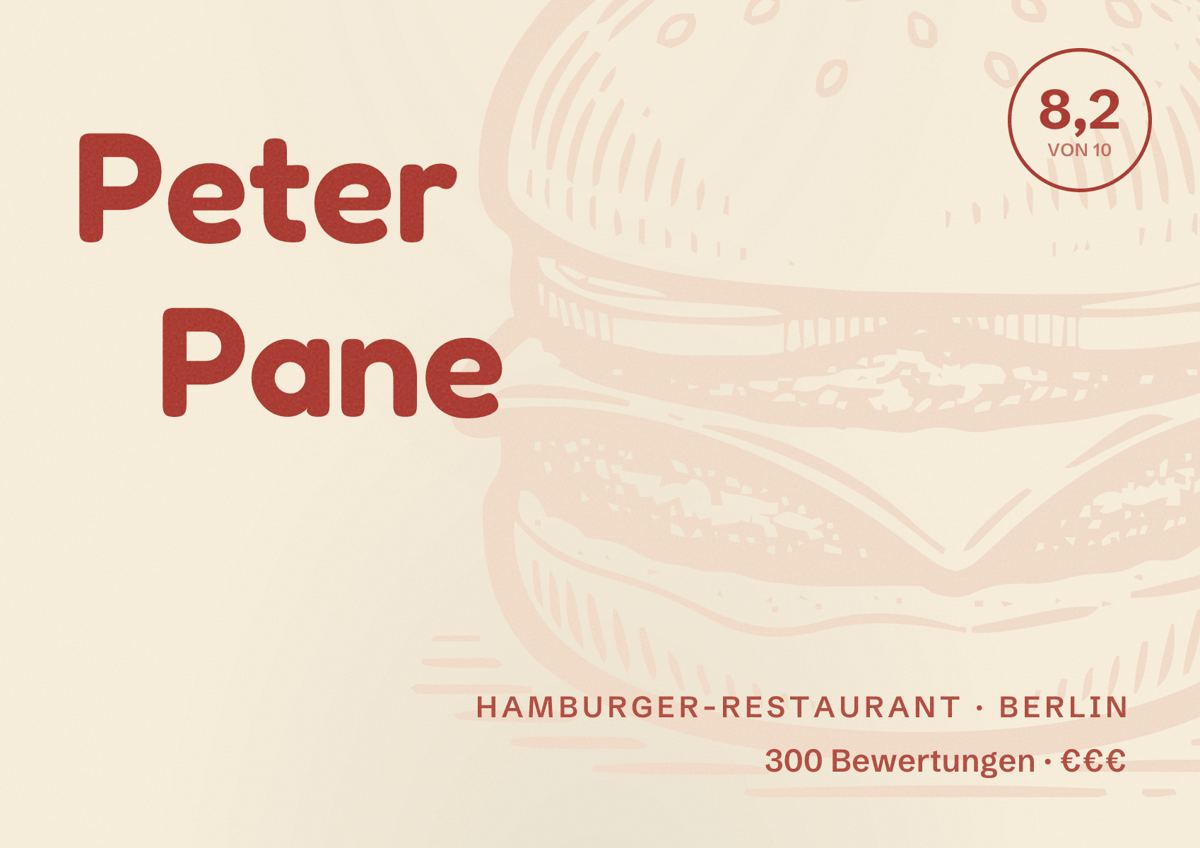 Illustriertes Poster von Peter Pane, Hamburger-Restaurant in Berlin: Bewertung 8,2 von 10 aus 300 Bewertungen, Preisniveau €€€