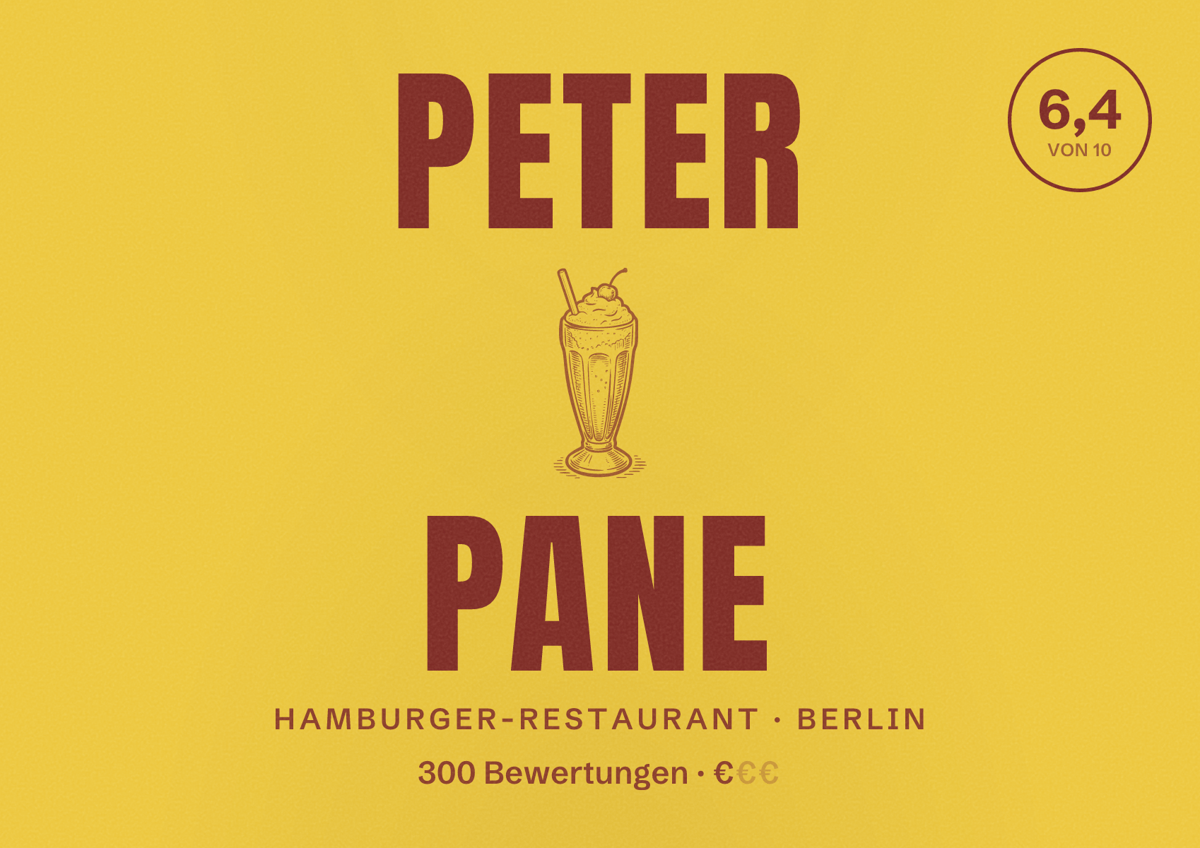 Illustriertes Poster von Peter Pane, Hamburger-Restaurant in Berlin: Bewertung 6,4 von 10 aus 300 Bewertungen, Preisniveau €
