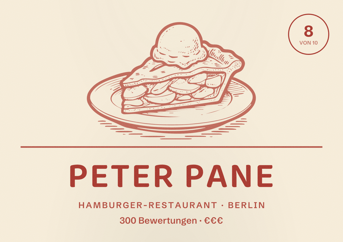Illustriertes Poster von Peter Pane, Hamburger-Restaurant in Berlin: Bewertung 8,0 von 10 aus 300 Bewertungen, Preisniveau €€€