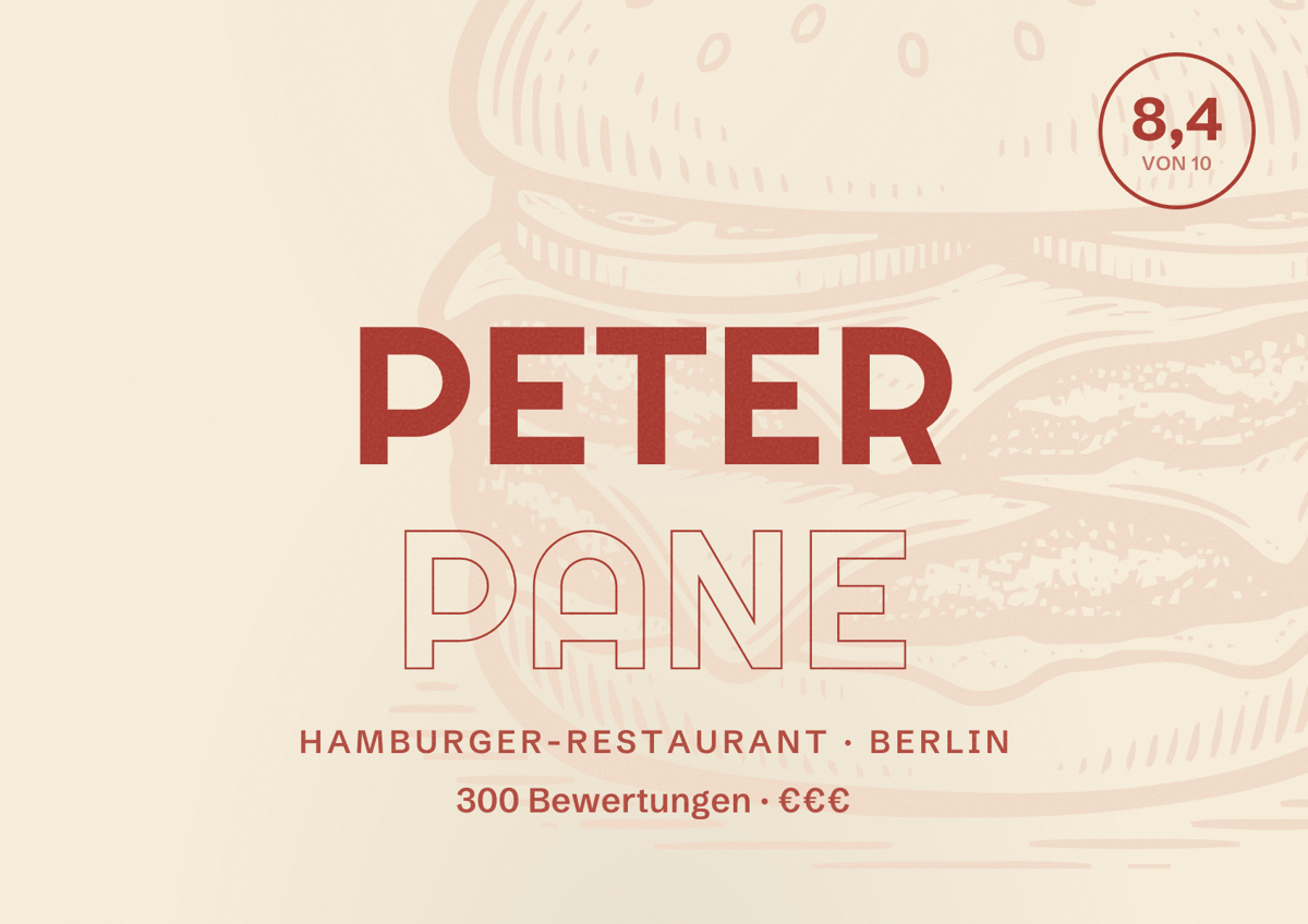 Illustriertes Poster von Peter Pane, Hamburger-Restaurant in Berlin: Bewertung 8,4 von 10 aus 300 Bewertungen, Preisniveau €€€