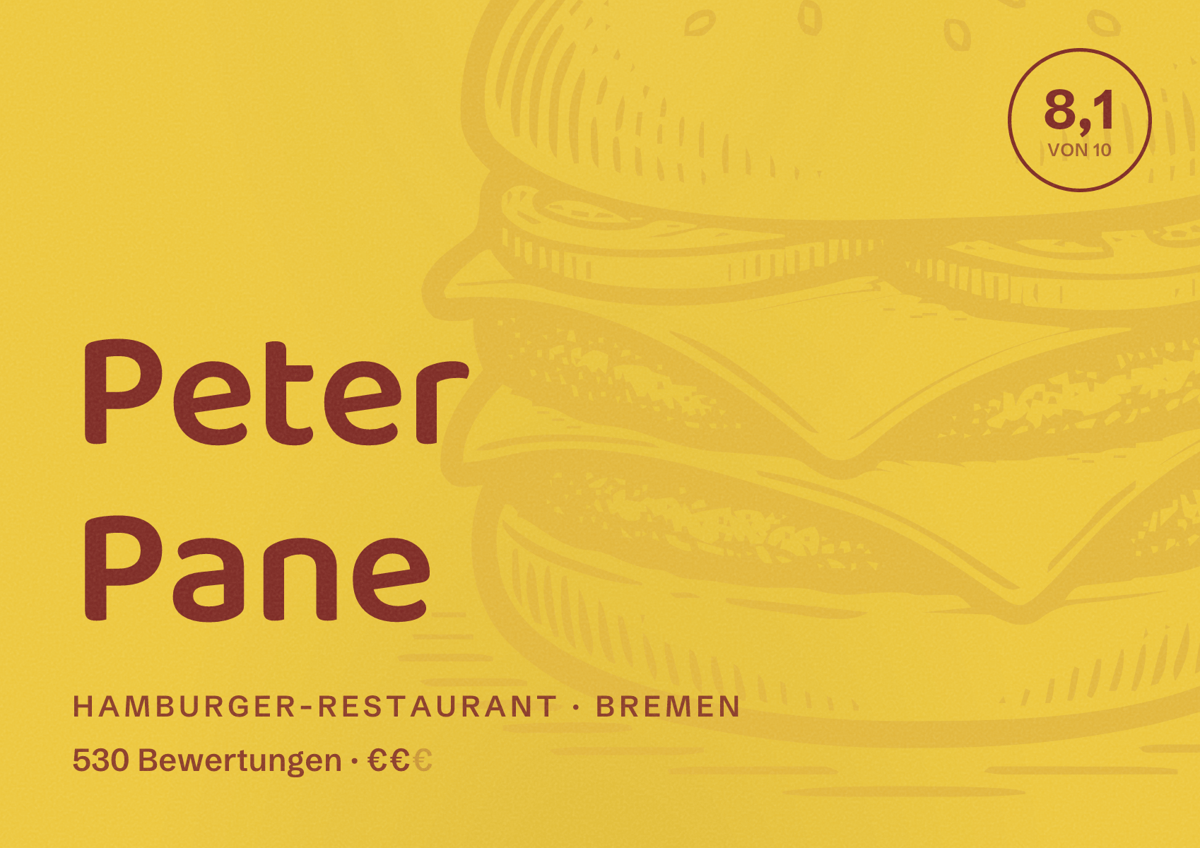 Illustriertes Poster von Peter Pane, Hamburger-Restaurant in Bremen: Bewertung 8,1 von 10 aus 530 Bewertungen, Preisniveau €€