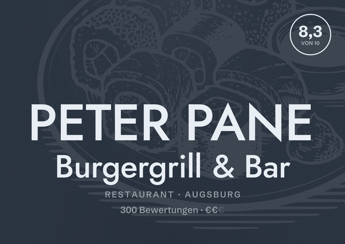Illustriertes Poster von PETER PANE Burgergrill & Bar, Restaurant in Augsburg: Bewertung 8,3 von 10 aus 300 Bewertungen, Preisniveau €€