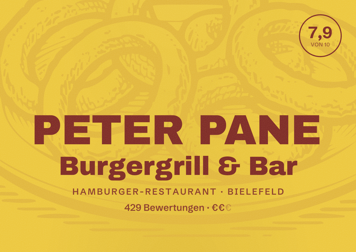Illustriertes Poster von PETER PANE Burgergrill & Bar, Hamburger-Restaurant in Bielefeld: Bewertung 7,9 von 10 aus 429 Bewertungen, Preisniveau €€