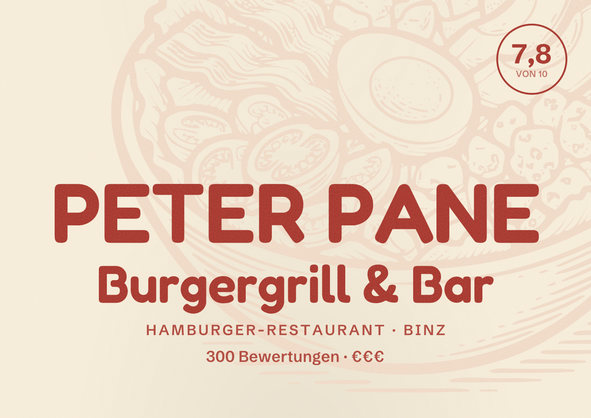 Illustriertes Poster von PETER PANE Burgergrill & Bar, Hamburger-Restaurant in Binz: Bewertung 7,8 von 10 aus 300 Bewertungen, Preisniveau €€€