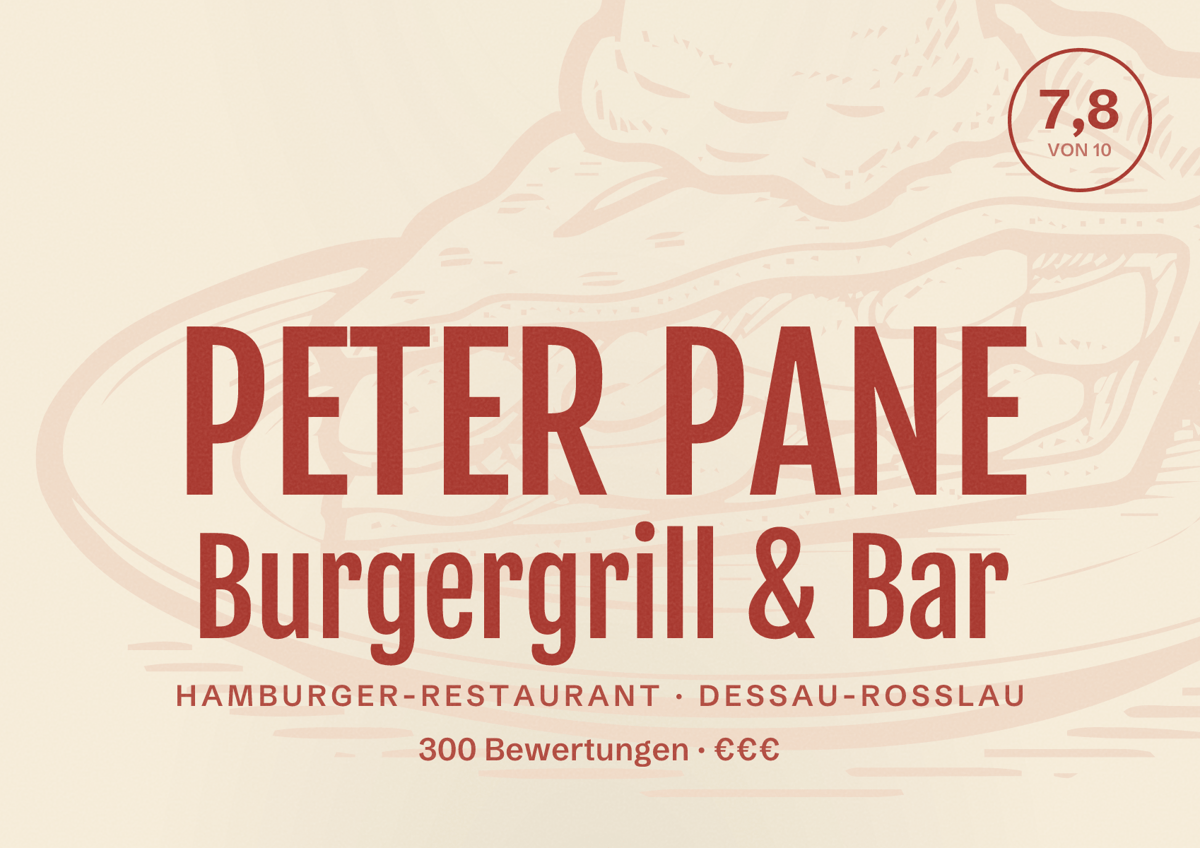 Illustriertes Poster von PETER PANE Burgergrill & Bar, Hamburger-Restaurant in Dessau-Roßlau: Bewertung 7,8 von 10 aus 300 Bewertungen, Preisniveau €€€