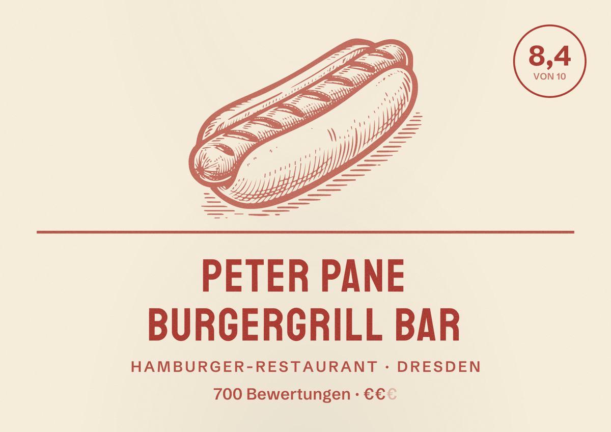 Illustriertes Poster von PETER PANE Burgergrill Bar, Hamburger-Restaurant in Dresden: Bewertung 8,4 von 10 aus 700 Bewertungen, Preisniveau €€