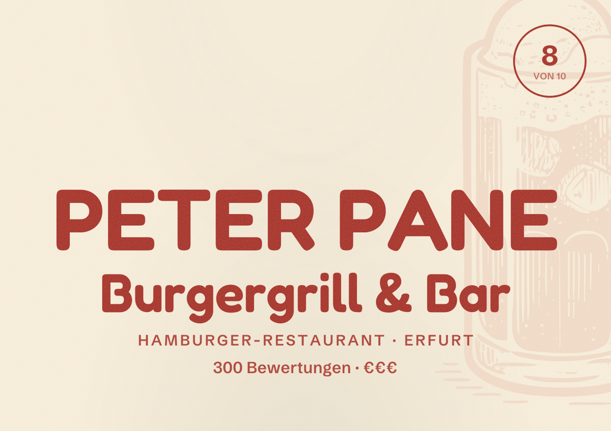 Illustriertes Poster von PETER PANE Burgergrill & Bar, Hamburger-Restaurant in Erfurt: Bewertung 8 von 10 aus 300 Bewertungen, Preisniveau €€€