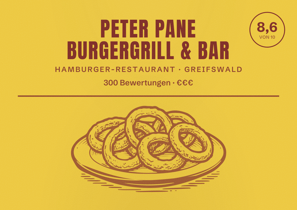 Illustriertes Poster von PETER PANE Burgergrill & Bar, Hamburger-Restaurant in Greifswald: Bewertung 8,6 von 10 aus 300 Bewertungen, Preisniveau €€€