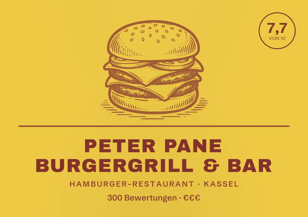 Illustriertes Poster von PETER PANE Burgergrill & Bar, Hamburger-Restaurant in Kassel: Bewertung 7,7 von 10 aus 300 Bewertungen, Preisniveau €€€