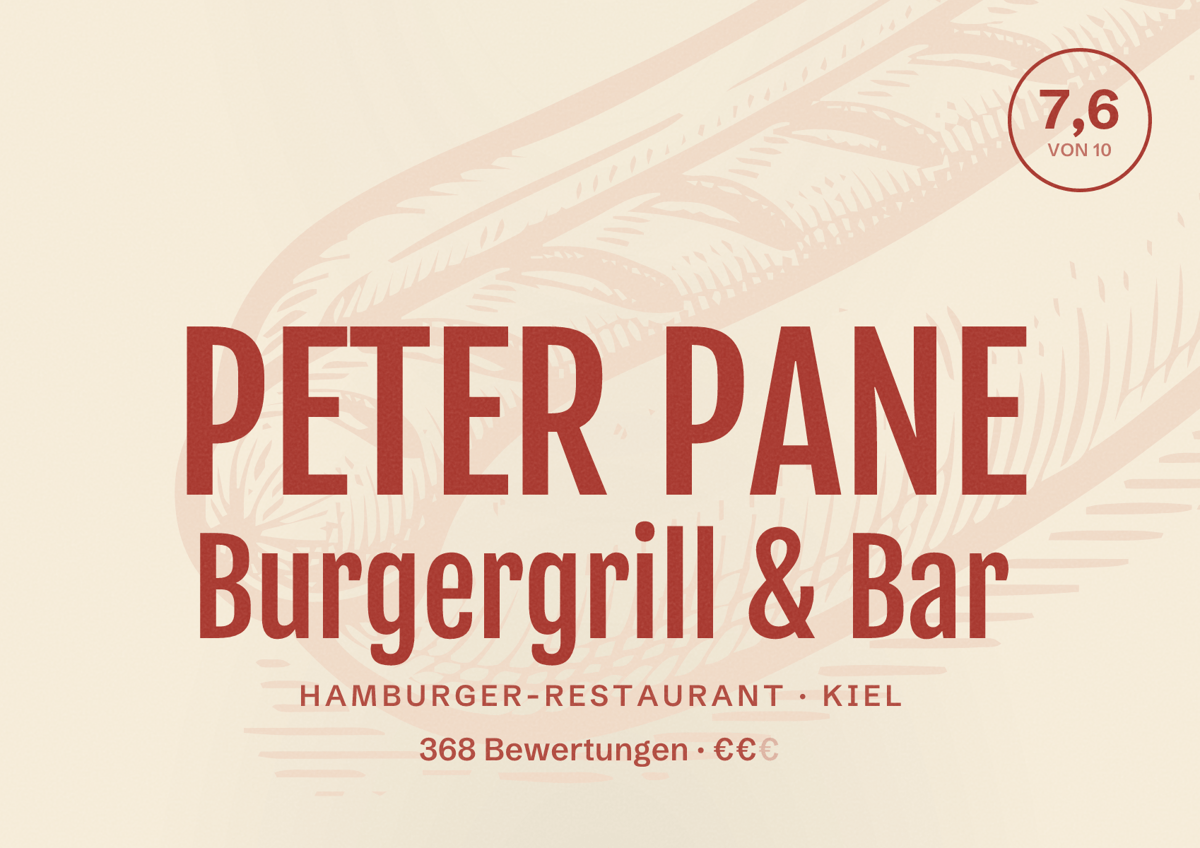 Illustriertes Poster von PETER PANE Burgergrill & Bar, Hamburger-Restaurant in Kiel: Bewertung 7,6 von 10 aus 368 Bewertungen, Preisniveau €€
