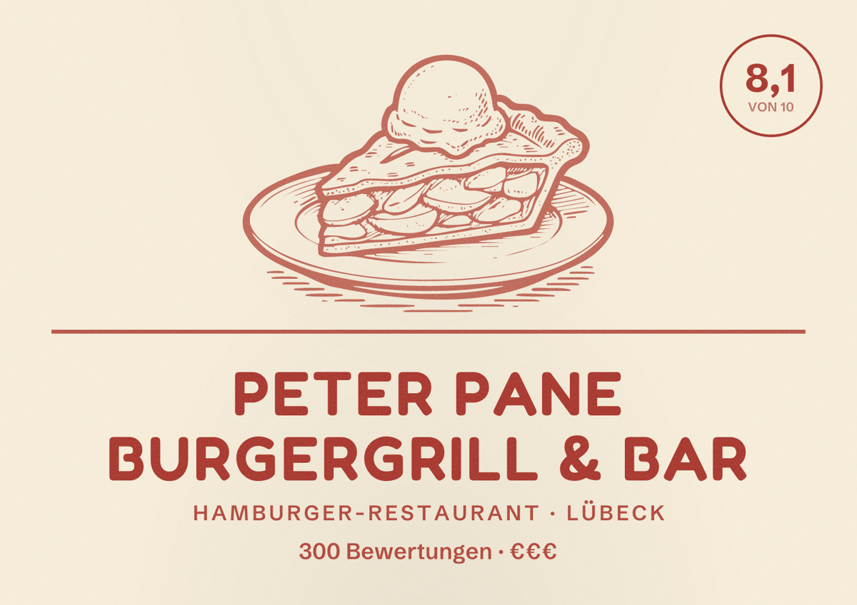 Illustriertes Poster von PETER PANE Burgergrill & Bar, Hamburger-Restaurant in Lübeck: Bewertung 8,1 von 10 aus 300 Bewertungen, Preisniveau €€€