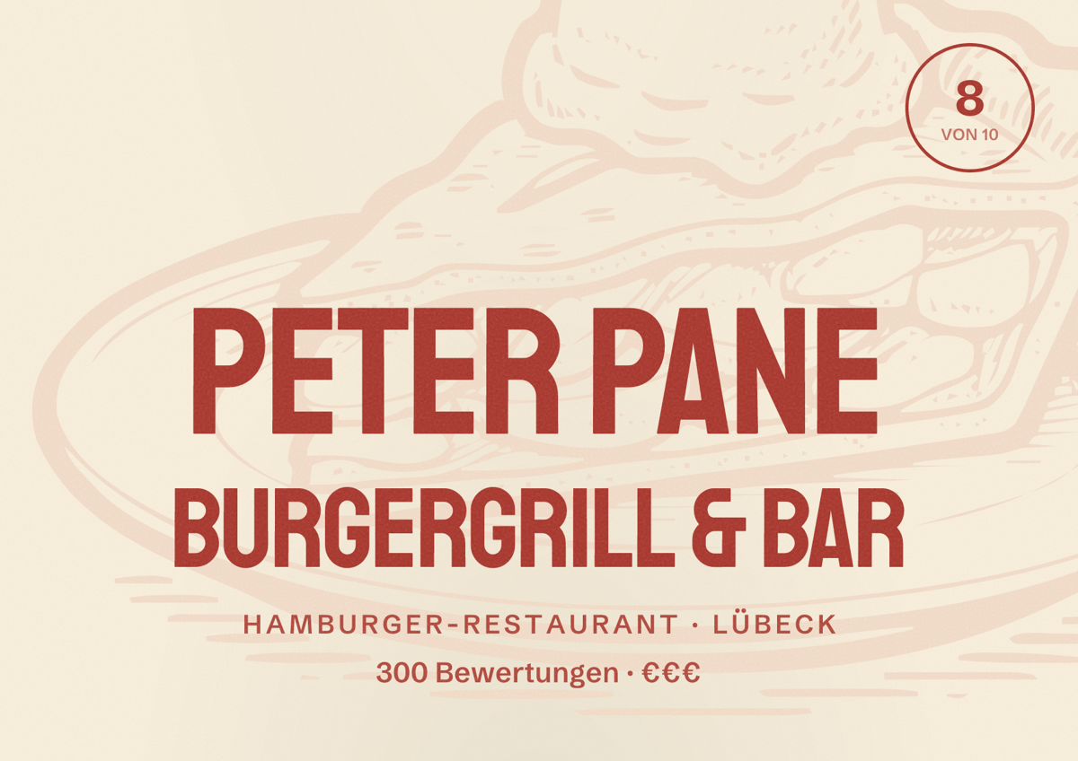 Illustriertes Poster von PETER PANE Burgergrill & Bar, Hamburger-Restaurant in Lübeck: Bewertung 8 von 10 aus 300 Bewertungen, Preisniveau €€€