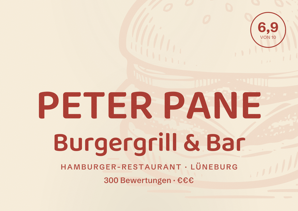 Illustriertes Poster von PETER PANE Burgergrill & Bar, Hamburger-Restaurant in Lüneburg: Bewertung 6,9 von 10 aus 300 Bewertungen, Preisniveau €€€