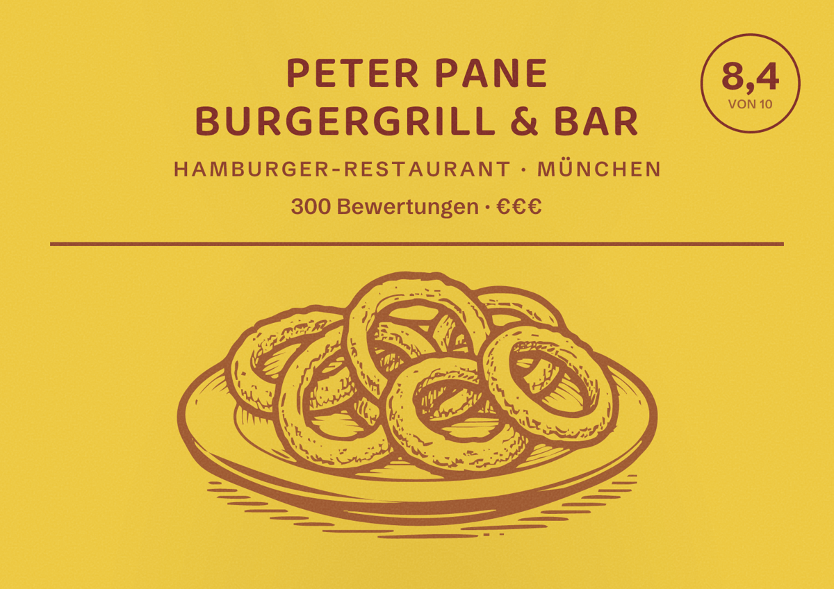 Illustriertes Poster von PETER PANE Burgergrill & Bar, Hamburger-Restaurant in München: Bewertung 8,4 von 10 aus 300 Bewertungen, Preisniveau €€€