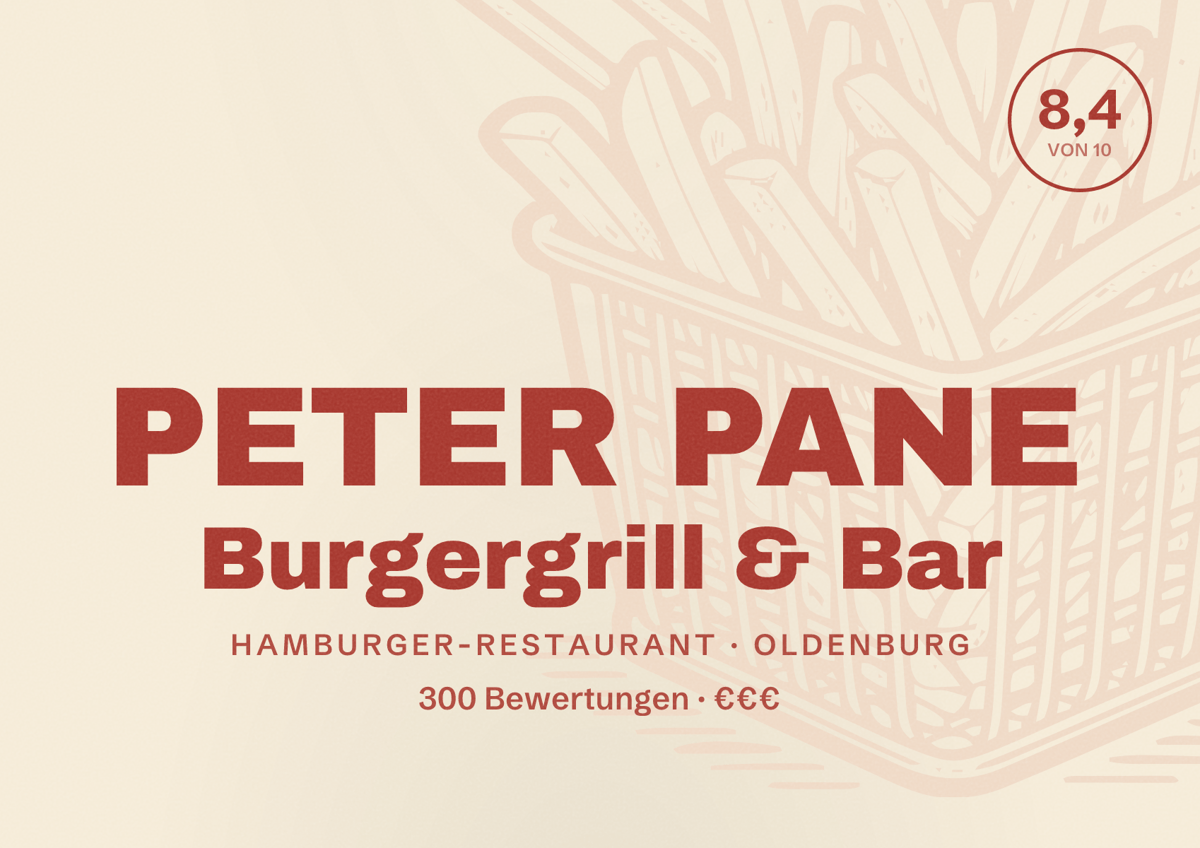 Illustriertes Poster von PETER PANE Burgergrill & Bar, Hamburger-Restaurant in Oldenburg: Bewertung 8,4 von 10 aus 300 Bewertungen, Preisniveau €€€