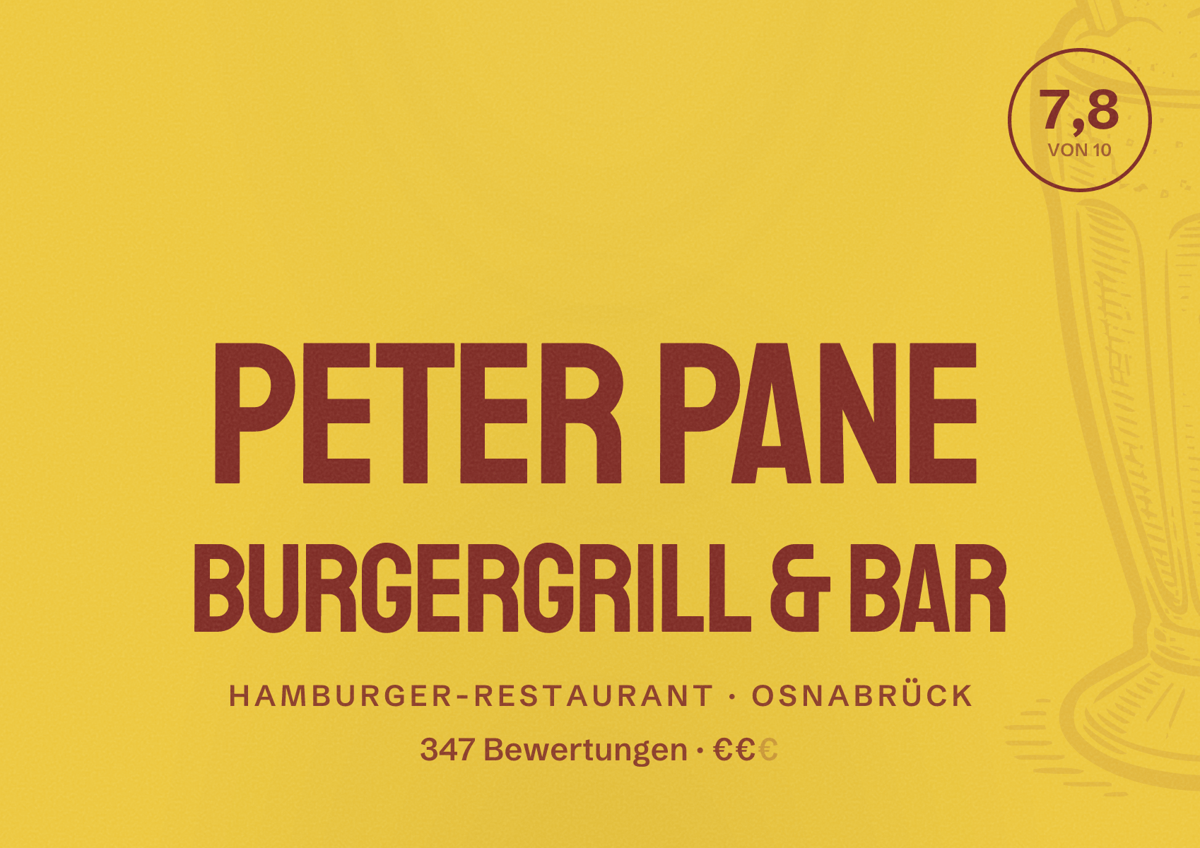 Illustriertes Poster von PETER PANE Burgergrill & Bar, Hamburger-Restaurant in Osnabrück: Bewertung 7,8 von 10 aus 347 Bewertungen, Preisniveau €€
