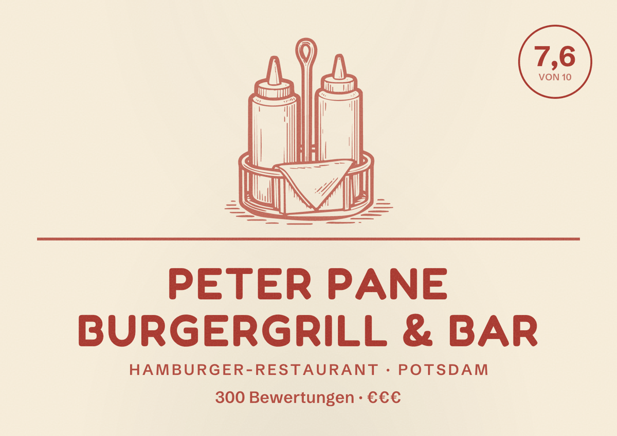 Illustriertes Poster von PETER PANE Burgergrill & Bar, Hamburger-Restaurant in Potsdam: Bewertung 7,6 von 10 aus 300 Bewertungen, Preisniveau €€€
