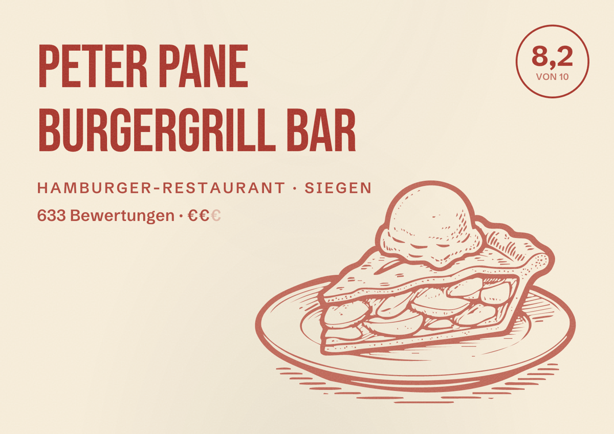 Illustriertes Poster von PETER PANE Burgergrill Bar, Hamburger-Restaurant in Siegen: Bewertung 8,2 von 10 aus 633 Bewertungen, Preisniveau €€