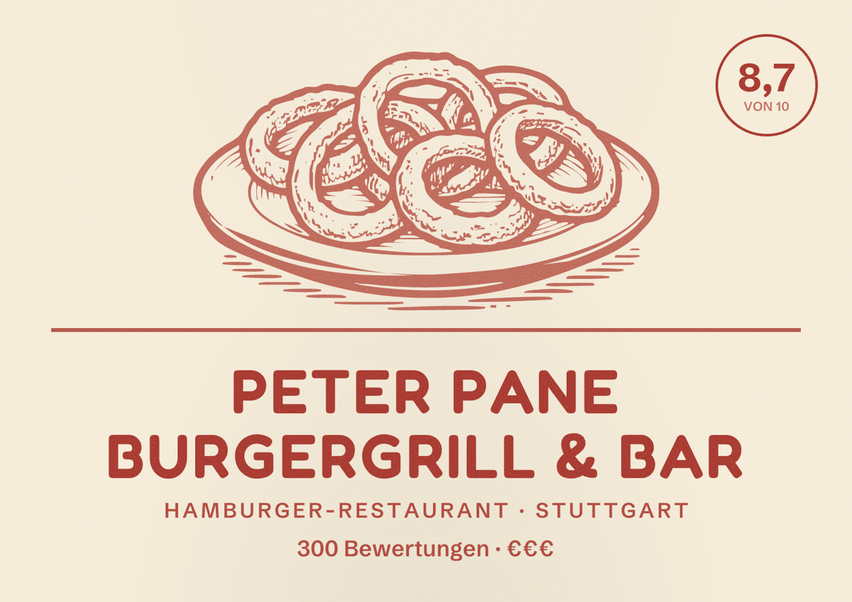 Illustriertes Poster von PETER PANE Burgergrill & Bar, Hamburger-Restaurant in Stuttgart: Bewertung 8,7 von 10 aus 300 Bewertungen, Preisniveau €€€