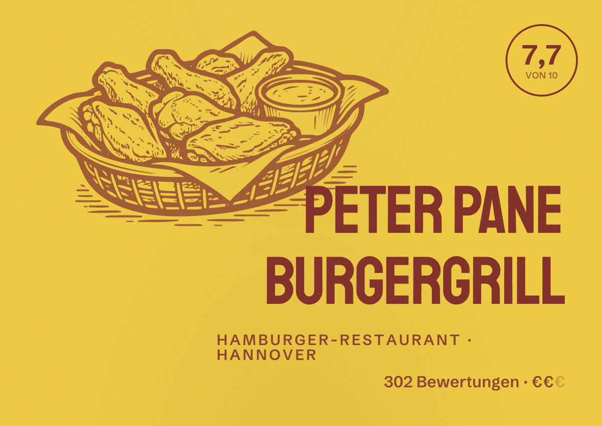 Illustriertes Poster von PETER PANE Burgergrill, Hamburger-Restaurant in Hannover: Bewertung 7,7 von 10 aus 302 Bewertungen, Preisniveau €€
