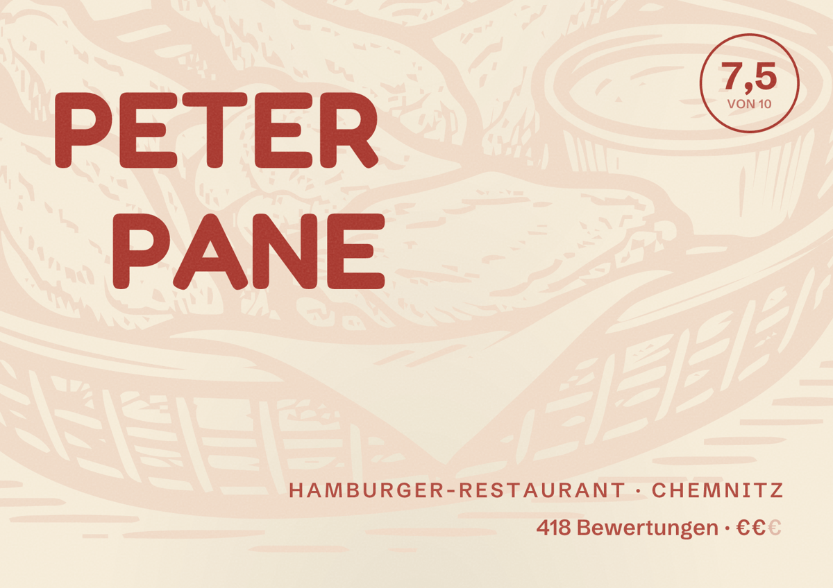 Illustriertes Poster von PETER PANE, Hamburger-Restaurant in Chemnitz: Bewertung 7,5 von 10 aus 418 Bewertungen, Preisniveau €€
