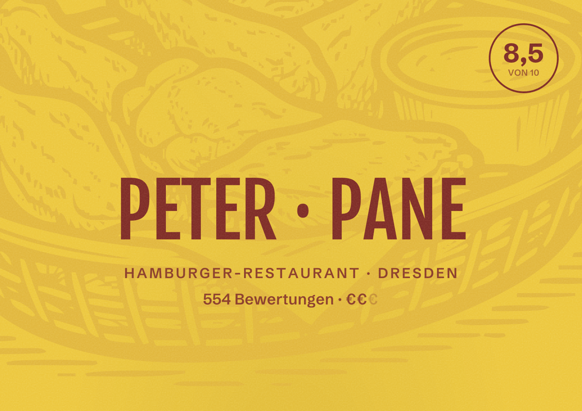 Illustriertes Poster von PETER PANE, Hamburger-Restaurant in Dresden: Bewertung 8,5 von 10 aus 554 Bewertungen, Preisniveau €€