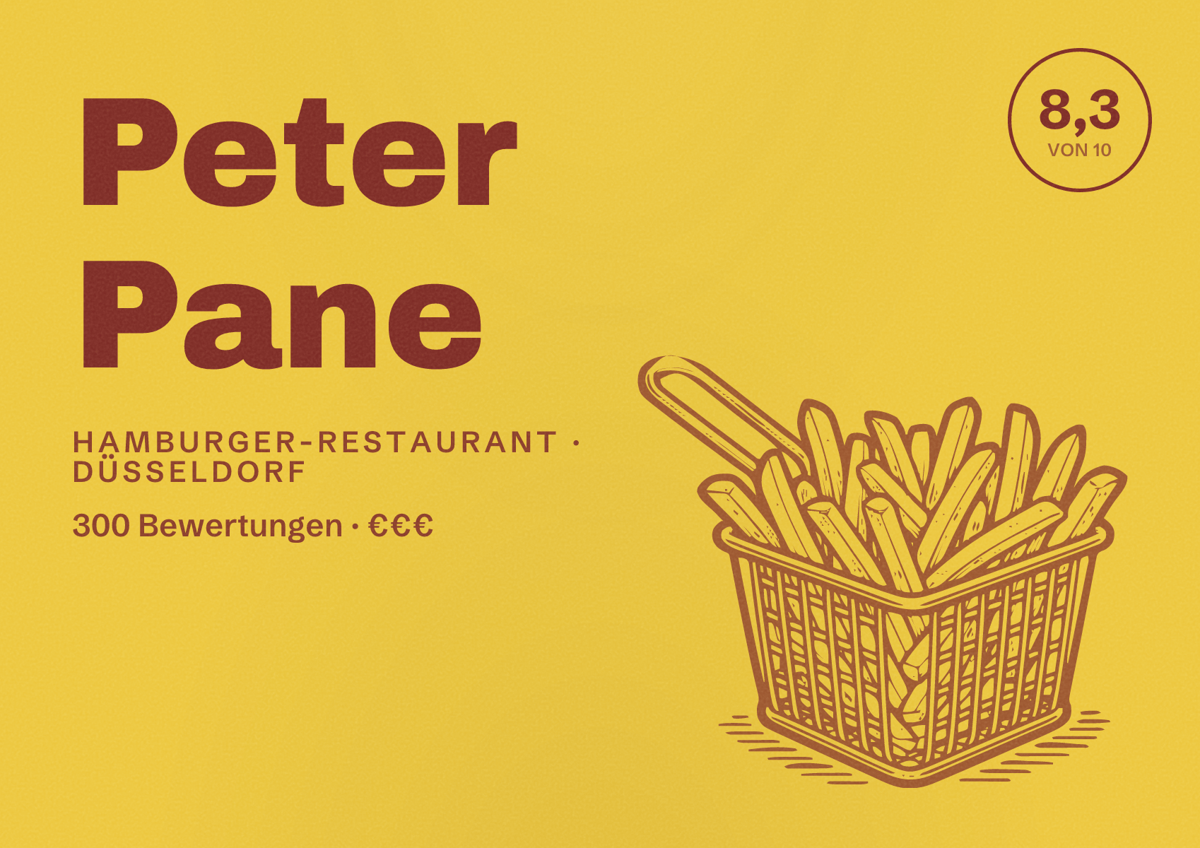 Illustriertes Poster von Peter Pane, Hamburger-Restaurant in Düsseldorf: Bewertung 8,3 von 10 aus 300 Bewertungen, Preisniveau €€€