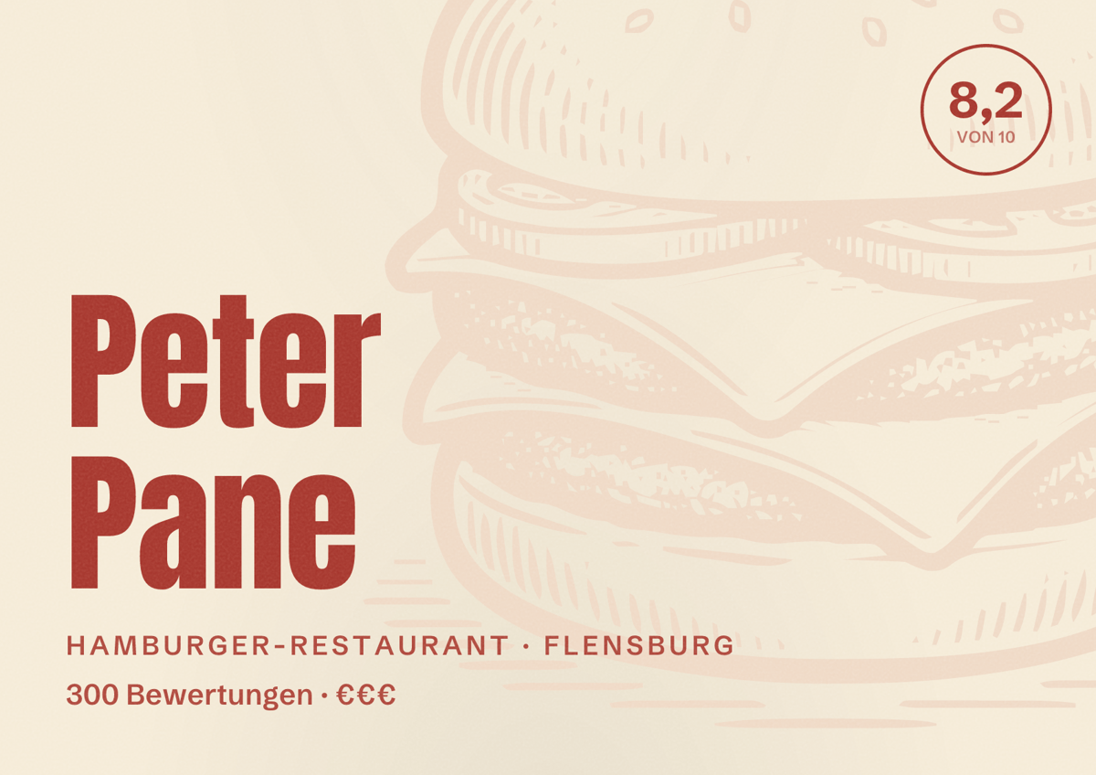 Illustriertes Poster von Peter Pane, Hamburger-Restaurant in Flensburg: Bewertung 8,2 von 10 aus 300 Bewertungen, Preisniveau €€€