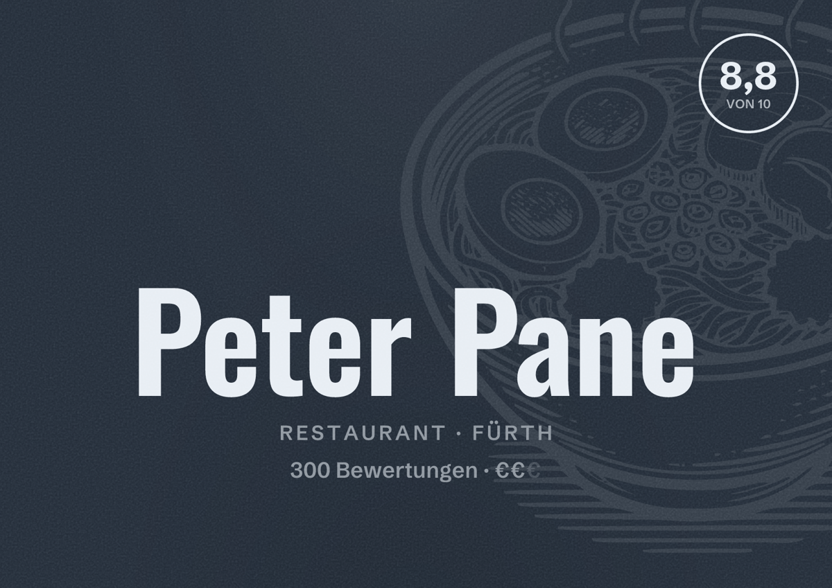 Illustriertes Poster von Peter Pane, Restaurant in Fürth: Bewertung 8,8 von 10 aus 300 Bewertungen, Preisniveau €€