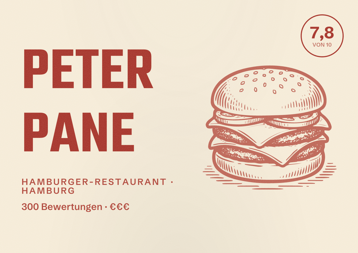 Illustriertes Poster von Peter Pane, Hamburger-Restaurant in Hamburg: Bewertung 7,8 von 10 aus 300 Bewertungen, Preisniveau €€€