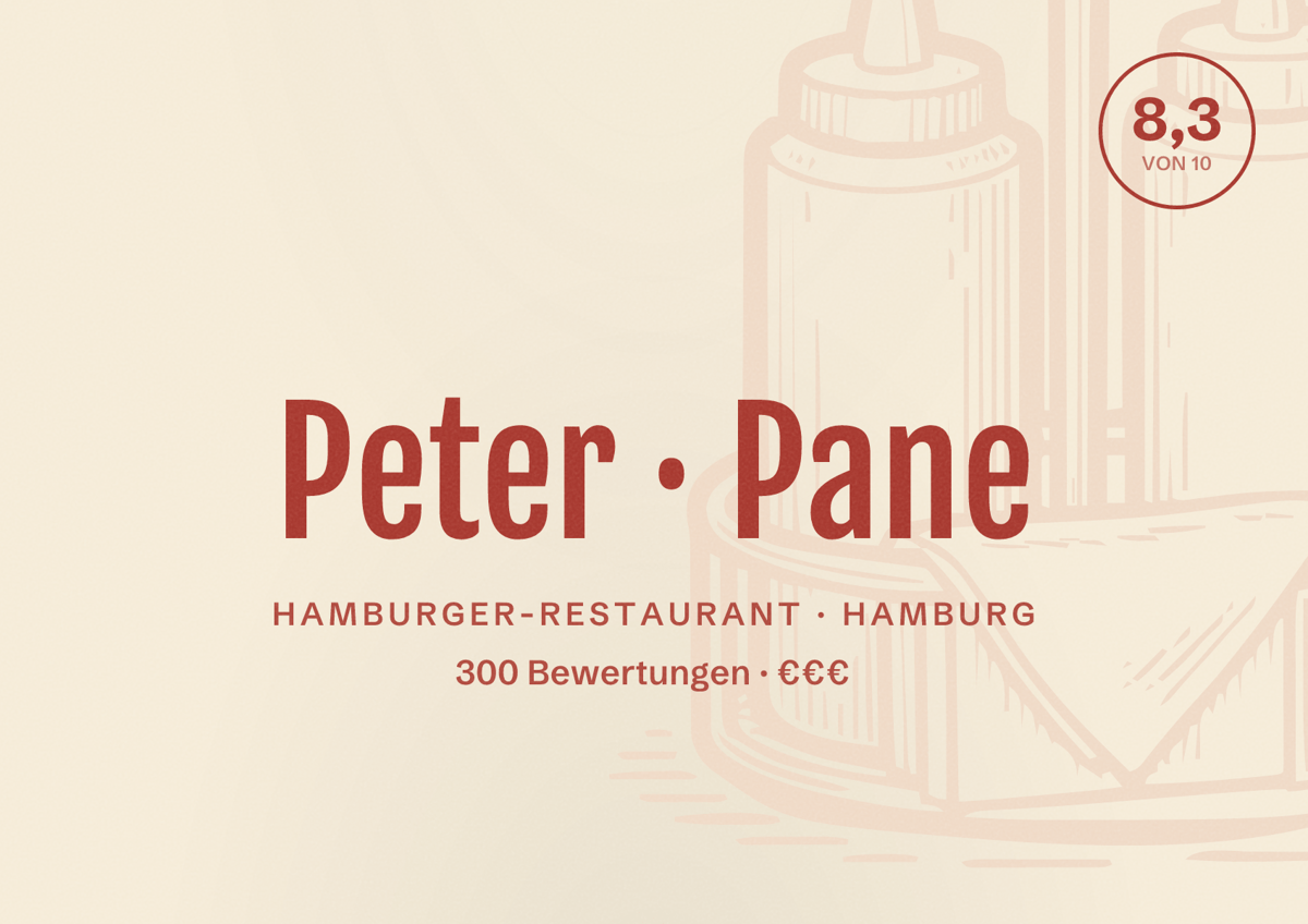 Illustriertes Poster von Peter Pane, Hamburger-Restaurant in Hamburg: Bewertung 8,3 von 10 aus 300 Bewertungen, Preisniveau €€€