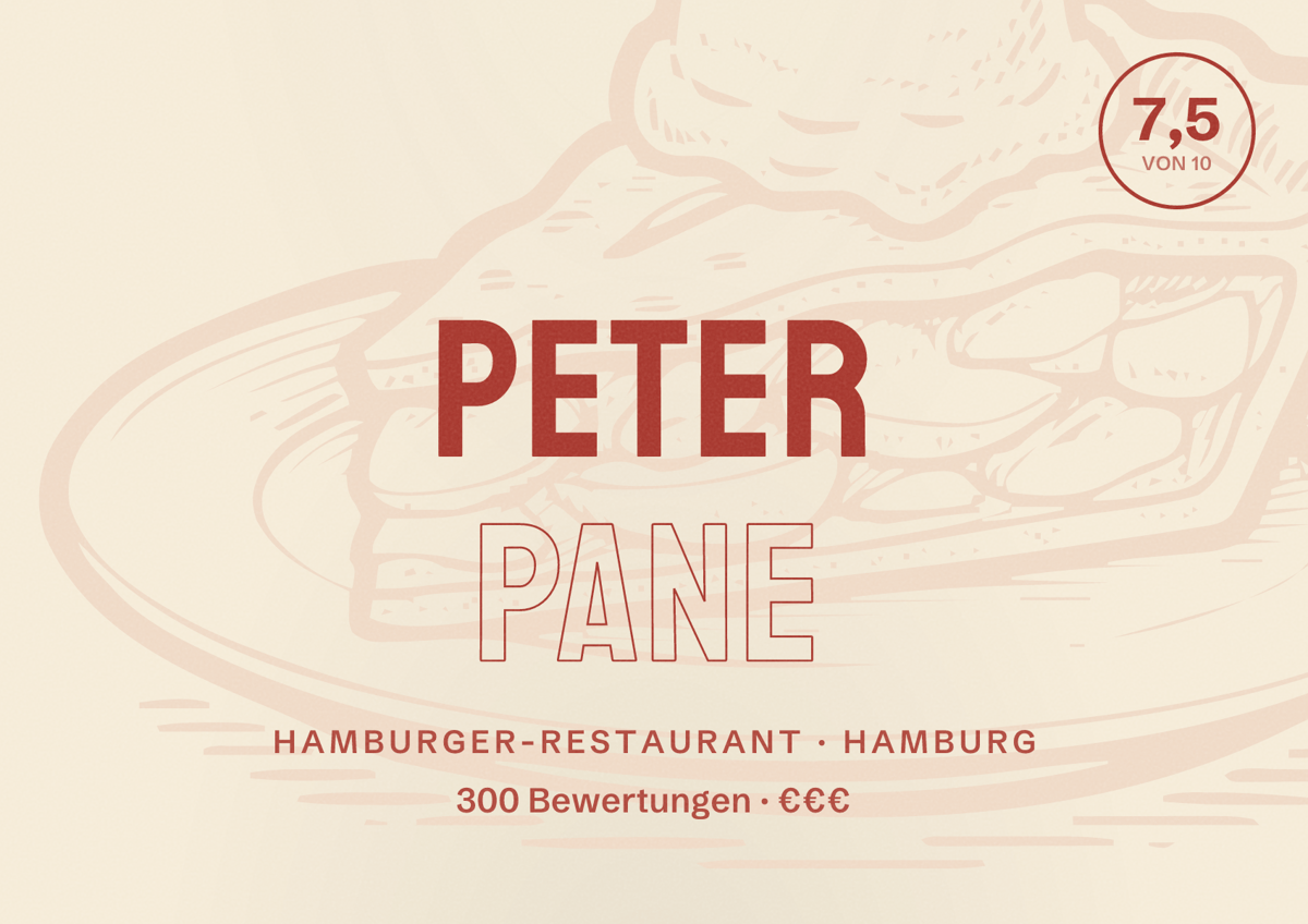 Illustriertes Poster von Peter Pane, Hamburger-Restaurant in Hamburg: Bewertung 7,5 von 10 aus 300 Bewertungen, Preisniveau €€€