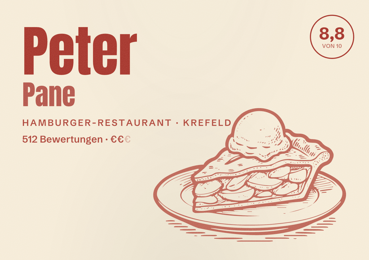 Illustriertes Poster von Peter Pane, Hamburger-Restaurant in Krefeld: Bewertung 8,8 von 10 aus 512 Bewertungen, Preisniveau €€