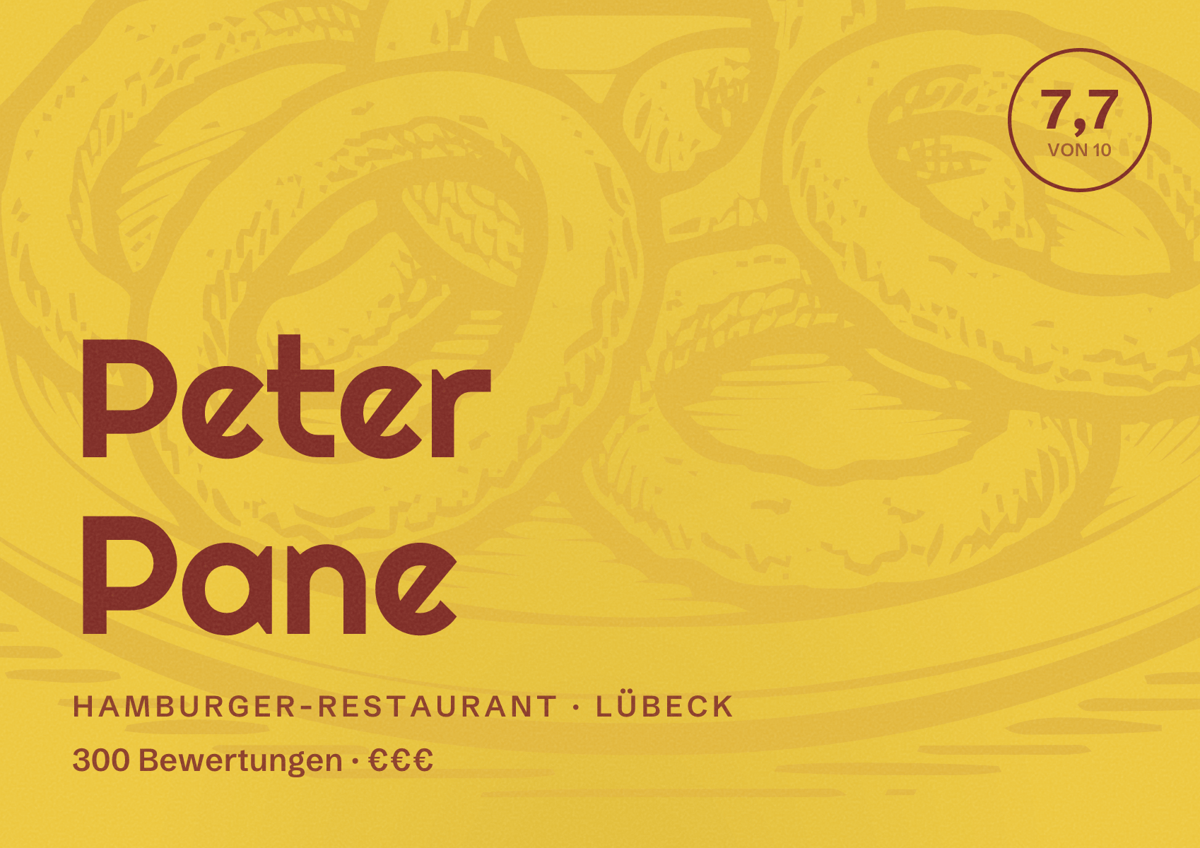 Illustriertes Poster von Peter Pane, Hamburger-Restaurant in Lübeck: Bewertung 7,7 von 10 aus 300 Bewertungen, Preisniveau €€€