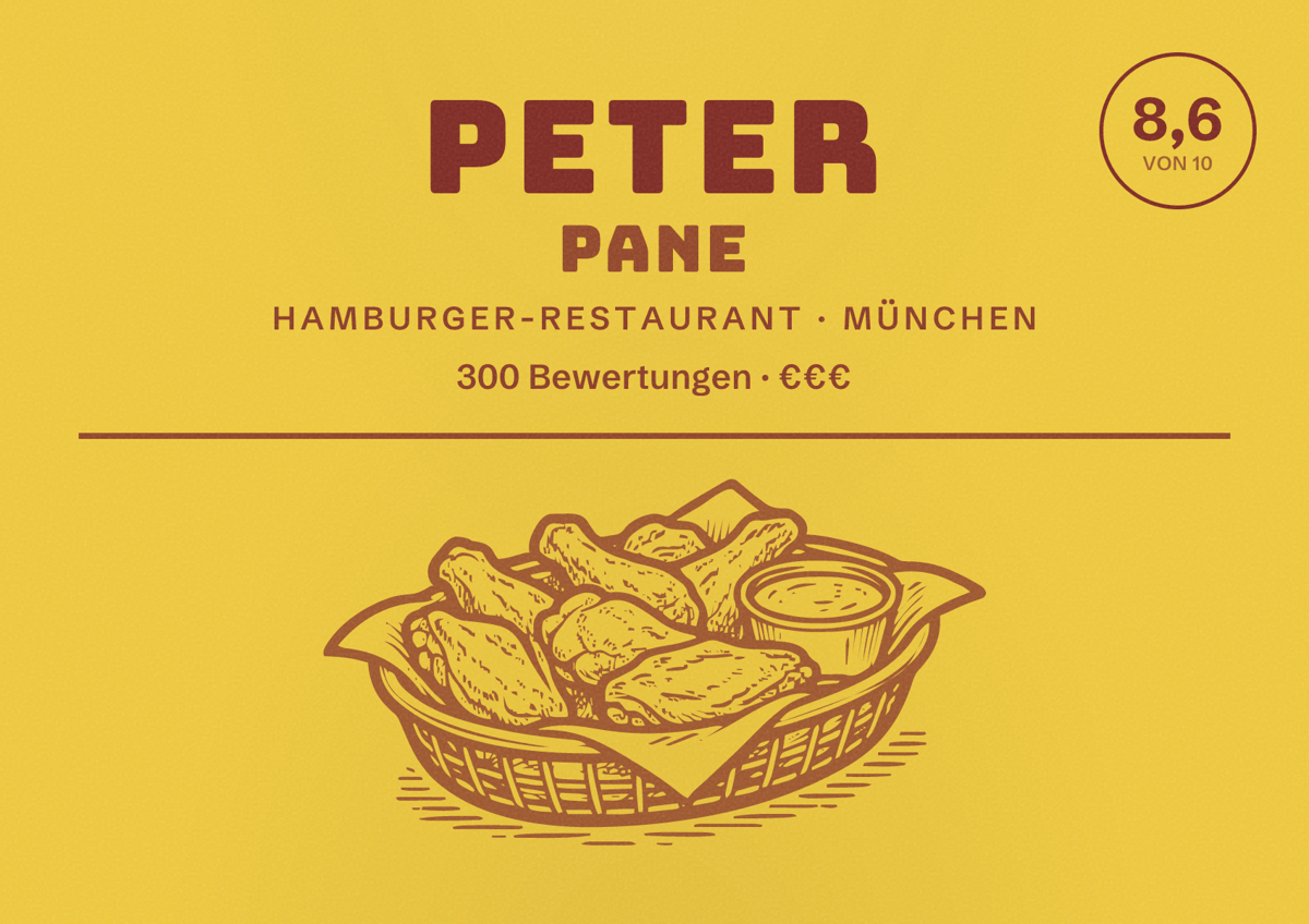 Illustriertes Poster von Peter Pane, Hamburger-Restaurant in München: Bewertung 8,6 von 10 aus 300 Bewertungen, Preisniveau €€€