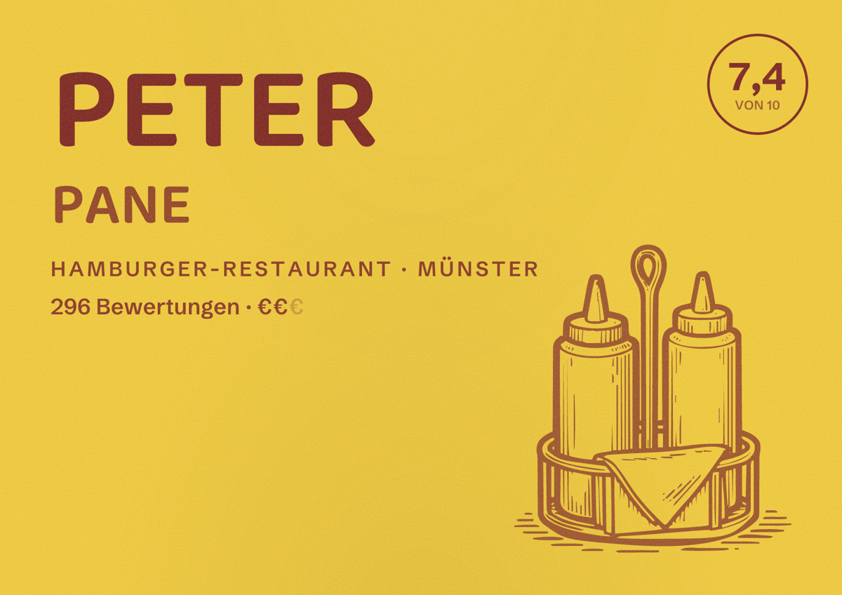 Illustriertes Poster von PETER PANE, Hamburger-Restaurant in Münster: Bewertung 7,4 von 10 aus 296 Bewertungen, Preisniveau €€