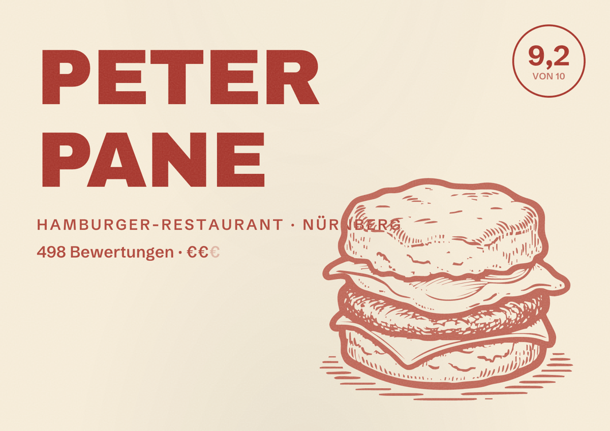 Illustriertes Poster von PETER PANE, Hamburger-Restaurant in Nürnberg: Bewertung 9,2 von 10 aus 498 Bewertungen, Preisniveau €€