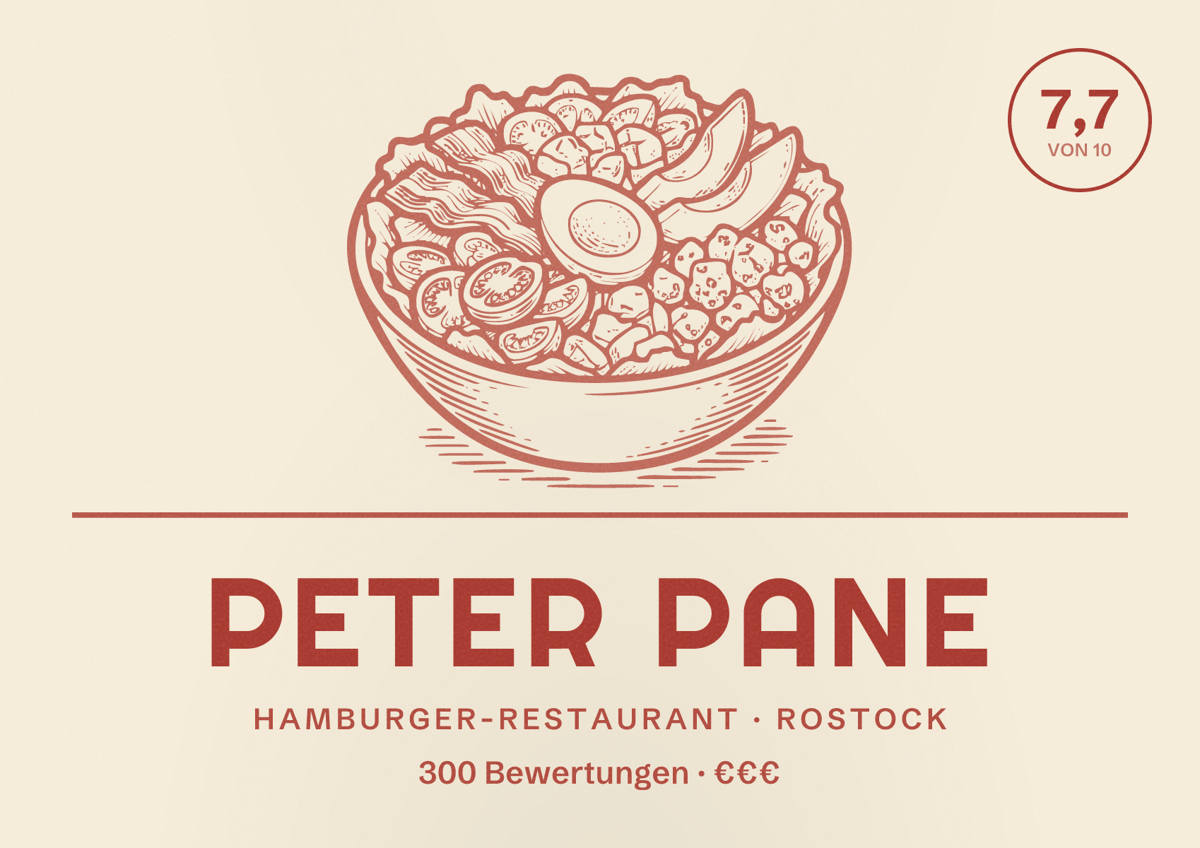 Illustriertes Poster von Peter Pane, Hamburger-Restaurant in Rostock: Bewertung 7,7 von 10 aus 300 Bewertungen, Preisniveau €€€